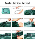 Installation method of foldable garden kneeler and seat with tool pouches showcasing tying instructions for reuse.