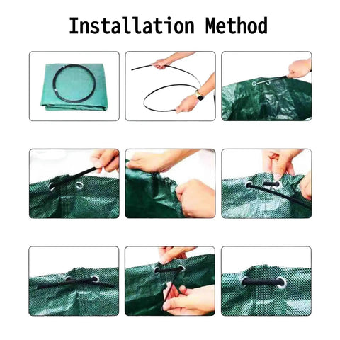 Installation method of foldable garden kneeler and seat with tool pouches showcasing tying instructions for reuse.