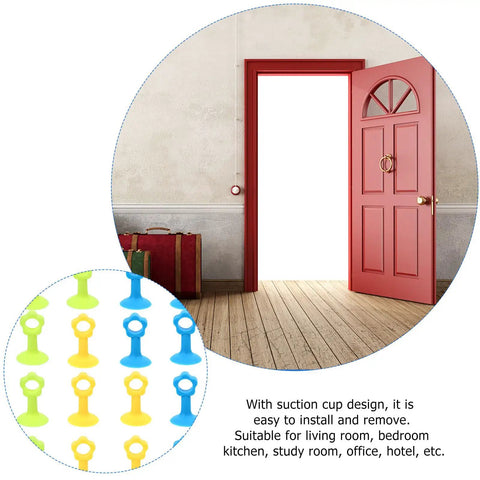 Sixteen Pack Silicone Door Stopper with Suction Cup, assorted colors, shown on red door to prevent wall damage