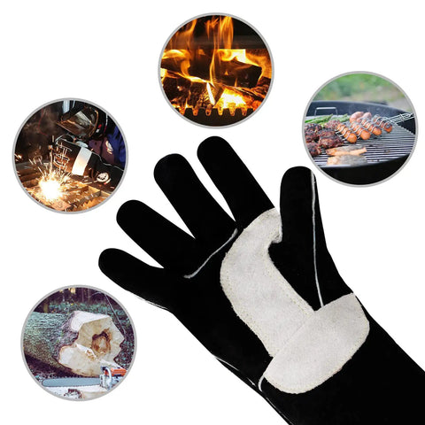 Leather Forge Welding Gloves With Maximum Dexterity And Heat Resistance For MIG And TIG Pro Grade Gripping Power shown with usage examples
