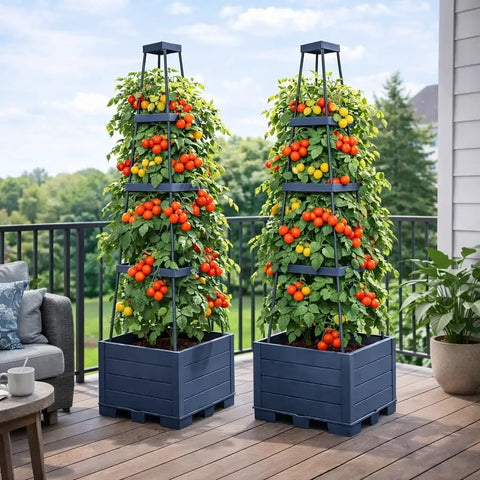 2 Pack Raised Garden Bed Tomato Planter With Trellis 57 Inch Self-Watering Cage Planter Boxes For Climbing Plants Veggie Vines Flowers Patio Balcony Outdoor Indoor on balcony