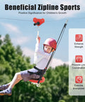 Child using 160 Foot Zip Line Kit With Stainless Steel Spring Brake For Backyard Use Includes Safety Harness Cable Tensioning Kit Tree Protectors And Full Accessory Set For Safe Backyard Fun And Outdoor Adventures.
