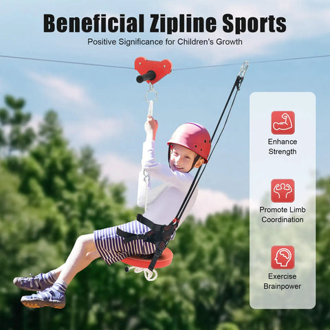 Child using Backyard Zipline Kit With 330 Lbs Capacity For Kids And Grownups, 160 Feet Zip Line System Featuring Durable Galvanized Cable, Painted Iron Trolley, And A Five Point Two Four Foot Stainless Steel Spring Brake, wearing helmet and harness, outdoor setting.