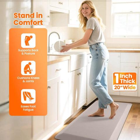 Ultra Thick 1 Inch Anti Fatigue Kitchen Mat 20 By 39 Inches Non Slip Waterproof Floor Mat for Standing Desk Kitchen Sink and Home Office Khaki