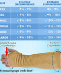 Size chart for Heavy Duty Genuine Cowhide Arm Chaps And Rugged Protective Work Sleeves for proper fit measurements.