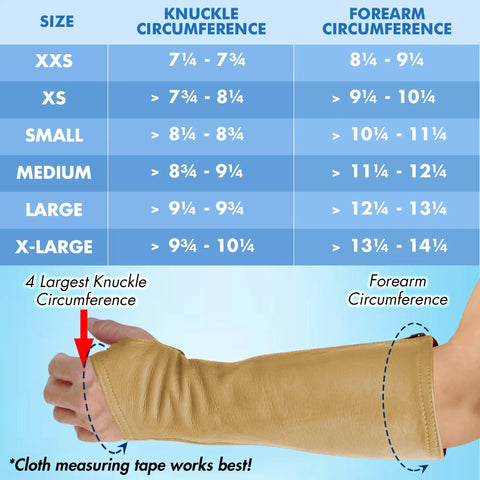 Size chart for Heavy Duty Genuine Cowhide Arm Chaps And Rugged Protective Work Sleeves for proper fit measurements.