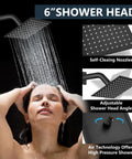 6 inch shower head with water running, showing self-cleaning nozzles and adjustable angle, part of Shower Faucet Set Ceiling Mount System With Dope Dual 12 Inch And 6 Inch Shower Heads 2 In 1 Handheld Spray Push Button Diverter Rough In Valve Matte Black All Metal Finish Designed For Rustproof Longevity.