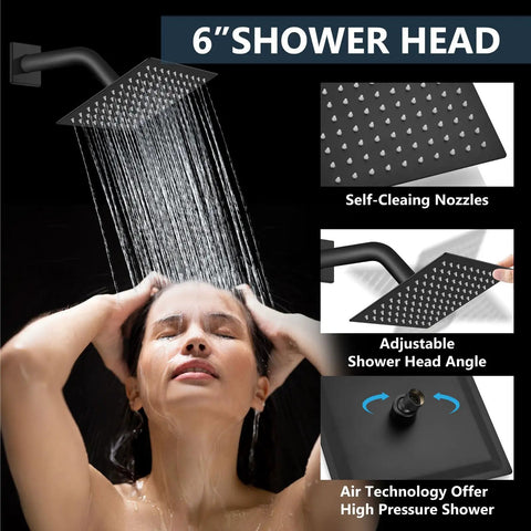 6 inch shower head with water running, showing self-cleaning nozzles and adjustable angle, part of Shower Faucet Set Ceiling Mount System With Dope Dual 12 Inch And 6 Inch Shower Heads 2 In 1 Handheld Spray Push Button Diverter Rough In Valve Matte Black All Metal Finish Designed For Rustproof Longevity.