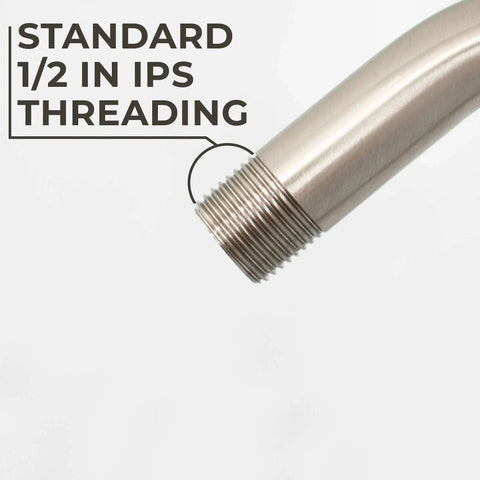 Standard 1/2 IPS threading on High Rise Shower Head Extension Arm With Flange 10.5 Inch Gooseneck S Shaped Design In Stainless Steel Half Inch Connection Brushed Nickel Finish Great For Tall Folks Or Low Pipe Installations And Immersive Rain Shower Experience.