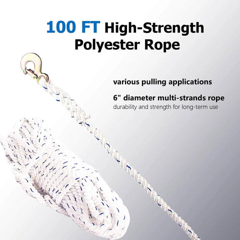 100 ft high-strength polyester rope with 6 inch diameter, ideal for Rope Puller Three Quarter Ton Capacity With 100 Feet Of 0.6 Inch Rope Come Along Winch Hoist For Tree Felling Boat Recovery Roadside Vehicle Recovery And Heavy Duty Towing Tasks In Off Road Farm Or Construction Sites.
