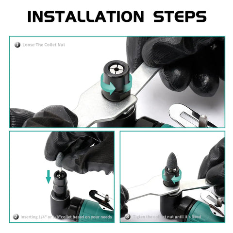 Installation steps for Bad Boy Pneumatic Right Angle Die Grinder Cranking 22000 RPM with collet adjustments.
