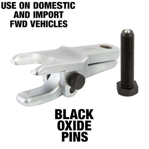 Ball Joint Separator Tool Adjustable One And One Eighth To Two And One Eighth Inch Range With Three Quarters Inch Forcing Bolt No Fuss Puller For Front Wheel Drive Vehicles Scissor Style Safer Boot Protection And Quick Joint Removal with black oxide pins.