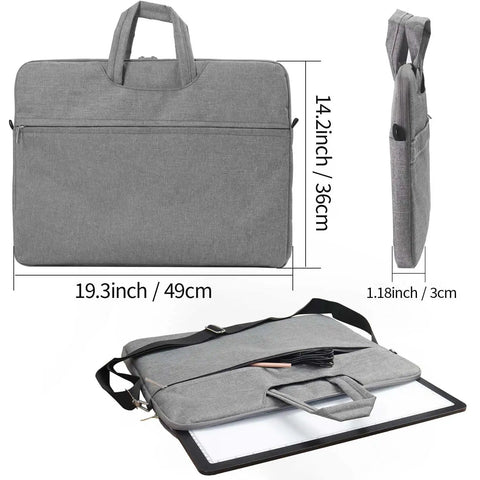 Rechargeable A3 Light Pad With Built In Stand And Bag For Tracing Diamond Painting And Drawing Super Bright Magnetic Light Box Wireless Light Pad For Diamond Painting Sketching And Crafting With Side Buttons And Elevating Angled Stand in grey carrying case with strap shown in multiple views.
