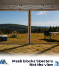 10x20 Pop Up Canopy Tent With Mosquito Netting set up on grassy field showing mesh view, outdoor table, and chair setup.