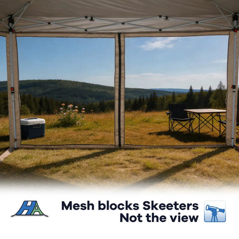 10x20 Pop Up Canopy Tent With Mosquito Netting set up on grassy field showing mesh view, outdoor table, and chair setup.