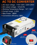 New Version 110V To 12V DC Power Converter Beefy 360W Auto Adjust AC To DC Transformer with dual voltage input switch
