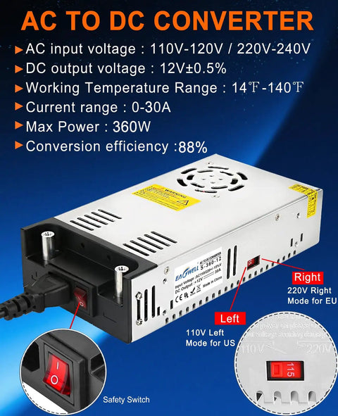 New Version 110V To 12V DC Power Converter Beefy 360W Auto Adjust AC To DC Transformer with dual voltage input switch