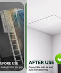 Before and after comparison of Heavy Duty Three Layer Aluminum Foam Insulation Cover For Attic Stairs and Ceiling Vents.