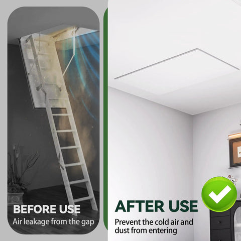 Before and after comparison of Heavy Duty Three Layer Aluminum Foam Insulation Cover For Attic Stairs and Ceiling Vents.