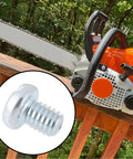 Close-up of M4x5mm chain tensioner screw next to Stihl chainsaw, 4 Pack Quick Adjust Chain Tensioner Screws M4x5mm for precise tension
