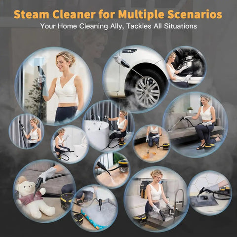 GLAMMAGIC Steam Cleaner With Adjustable Handle And 15 Accessories For Deep Cleaning Floors, Carpets, And Hard Surface Surfaces At Home in various cleaning scenarios.