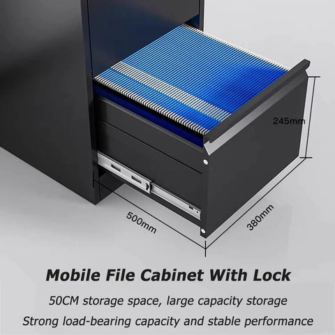 Top Tier Industrial Metal Filing Cabinet With Secure Locking Tool Chest For Home Office Storage And Slick Desk Organization Rock Solid Workspace Setup showing drawer with folders and lock.