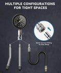 Rock Solid Gasoline Engine Compression Tester Kit With No Sweat 300 PSI Triple Scale Dial showing gauge and adapters for easy use.