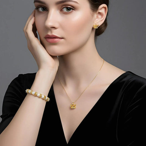 Woman wearing jewelry made with Mini Crown Charms For Crafts 3D Gold King Crown Beads With Large Hole For DIY Jewelry Necklace And Bracelet Making 100Pcs Royal Bling Beads For Creative Projects.