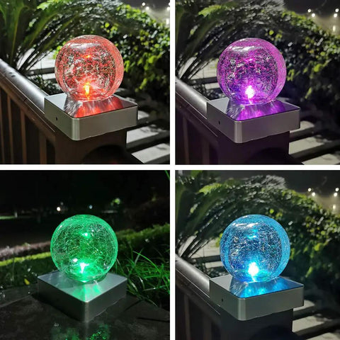 4x4 Solar Post Cap Lights For Deck, Fence, And Outdoor Railings With Crackle Glass, Color Changing LED, installed on outdoor railing