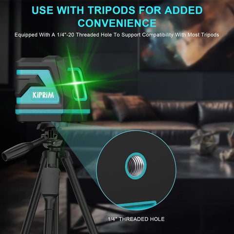 Green Laser Level LV8 Upgraded With Bright Green Beam on tripod showing 1/4-20 threaded hole for compatibility with most tripods