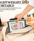 Person placing Embroidery Stitch Book Kit With 106 Patterns, Complete Toolkit And Step By Step Tutorial into a backpack on a desk.