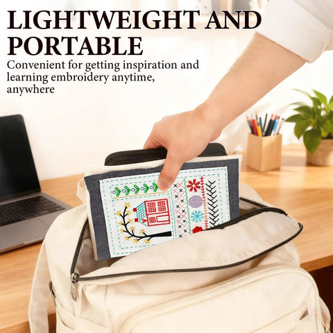 Person placing Embroidery Stitch Book Kit With 106 Patterns, Complete Toolkit And Step By Step Tutorial into a backpack on a desk.