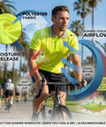 Custom High Visibility Safety Polo Shirt Quick Dry Reflective Work Uniform With Moisture Wicking Fabric Built For The Daily Grind And Crew Hustle Heavy Duty Industrial Gear Dark Blue worn by cyclist showcasing airflow and moisture release features.