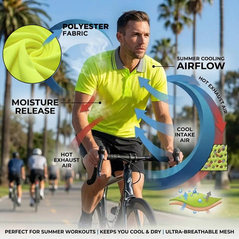 Custom High Visibility Safety Polo Shirt Quick Dry Reflective Work Uniform With Moisture Wicking Fabric Built For The Daily Grind And Crew Hustle Heavy Duty Industrial Gear Dark Blue worn by cyclist showcasing airflow and moisture release features.