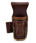 5 Pocket Pliers and Hammer Holder Leather Tool Pouch in Full Grain Dark Tan, front view showing belt clip and pockets