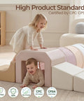 Two toddlers playing on the Tot Certified Soft Foam Climbing Blocks And Crawl Tunnel Playset For Kiddos Featuring Safe Pu Leather Cover.