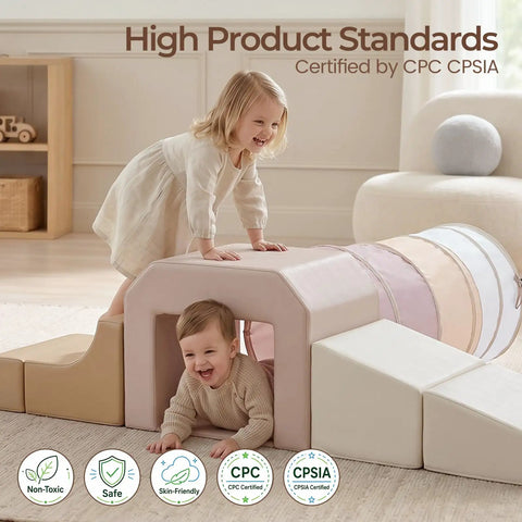 Two toddlers playing on the Tot Certified Soft Foam Climbing Blocks And Crawl Tunnel Playset For Kiddos Featuring Safe Pu Leather Cover.
