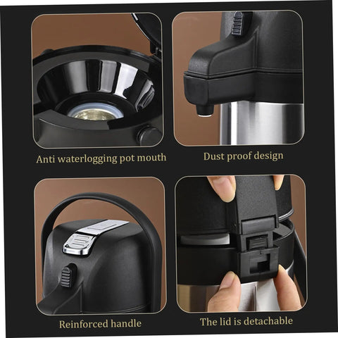 Party-Ready Hot Beverage Dispenser With Pump, 1.9L Insulated Stainless Steel Carafe showing features like anti-waterlogging mouth and detachable lid
