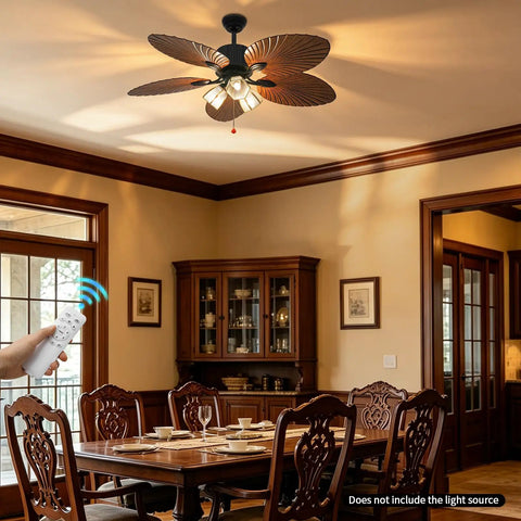 52" Tropical Ceiling Fan with Light, Indoor Outdoor Palm Leaf Ceiling Fan with remote in a dining room setting.