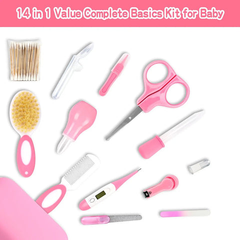 14-piece All In One Baby Grooming Kit For Newborns, Infant Safety Care Set with pink brush, comb, nail clippers, scissors