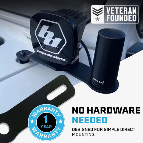 Top Tier Ham Antenna Ditch Bracket Extension Mount close-up showing CNC cut steel frame and plug-and-play setup.