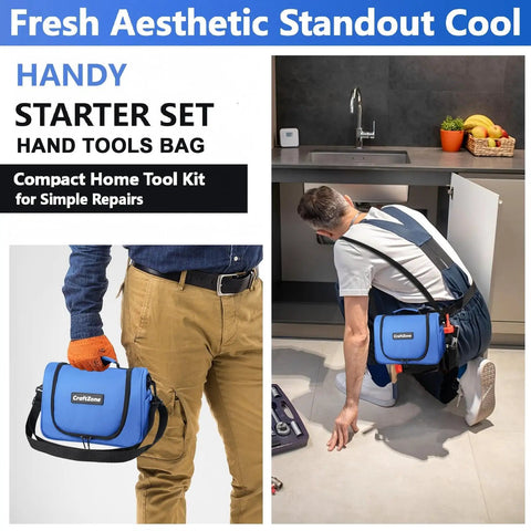 Man using 21-Piece Basic Household Tool Kit For Easy Grab-and-Go DIY Fixes, Portable Home Repair Set With Pouch, blue color