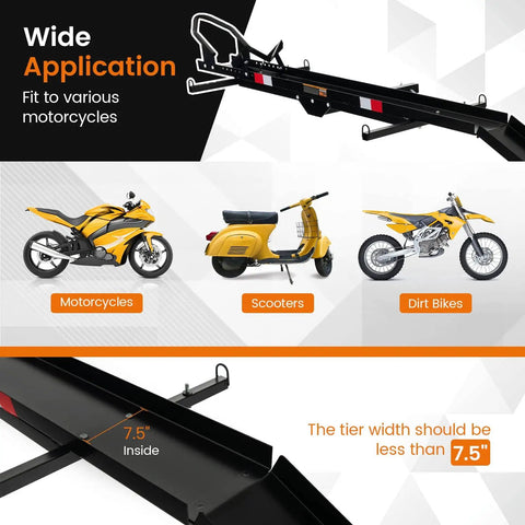600LBS Motorcycle Carrier Hitch Mounted Rack With Loading Ramp Wheel Chock And Straps Beefy Heavy Duty Steel Hauler design for bikes