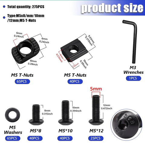 275 Piece M5 T Nuts and Bolts Kit for 2020 Aluminum Extrusion with socket screws, T nuts, washers, and M3 wrench.