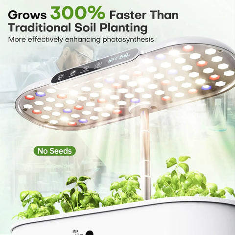 Dope Indoor Hydroponics Growing System With 12 Pods, LED Grow Light, LCD display, shown with lush green plants growing fast.