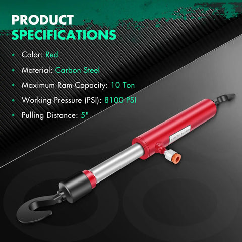 Sturdy 26 Inch Long 10 Ton Hydraulic Pull Back Ram Jack For Porta Power Frame Machine Repair with specifications in red finish.