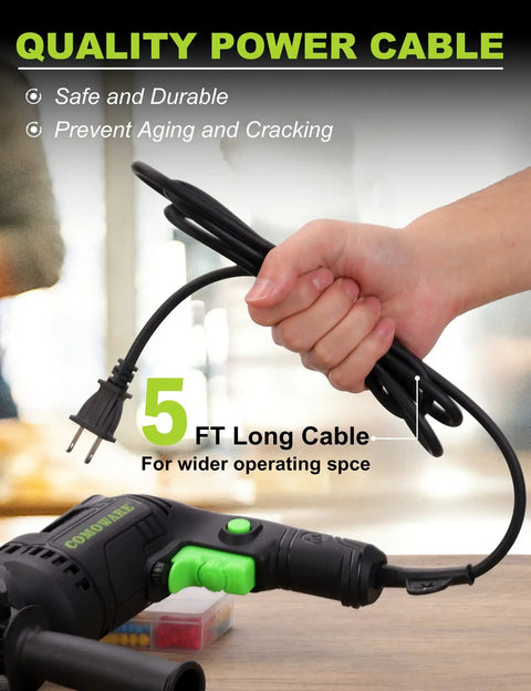 Close-up of 5 ft power cable of Beefy Half Inch Corded Hammer Drill For Concrete With Variable Speed 0 To 3000 RPM And 48000 BPM