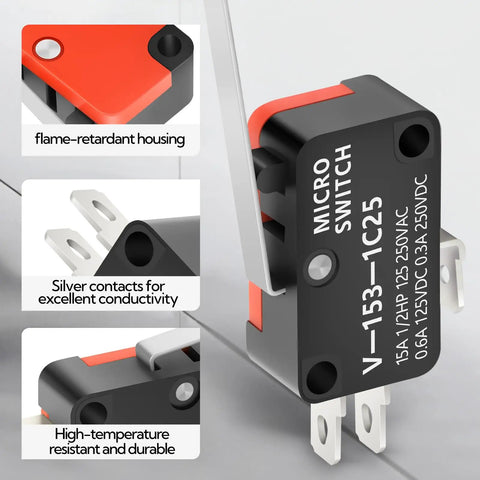 Detailed view of 20 Pieces Long Straight Lever Arm Micro Switch Heavy Duty 15A 125 To 250 VAC 1NO 1NC Limit Switch V-153-1C25 components