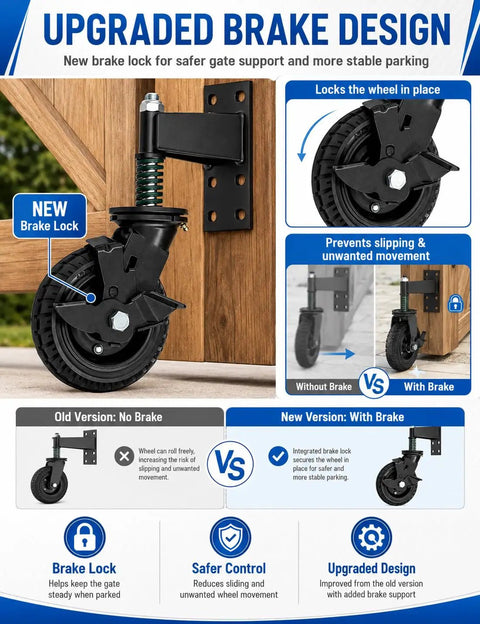 Hefty Black Fence Gate Rollers With Secure Locking Brake, 600 Pound Rock Solid Anti Sag Setup For Metal Tubes And Wood Gates showing upgraded brake design.