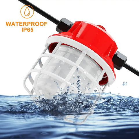 Rugged 100 Foot Construction String Lights Set, 150 Watt Total 15000 Lumens lamp submerged in water, showing IP65 waterproofing.